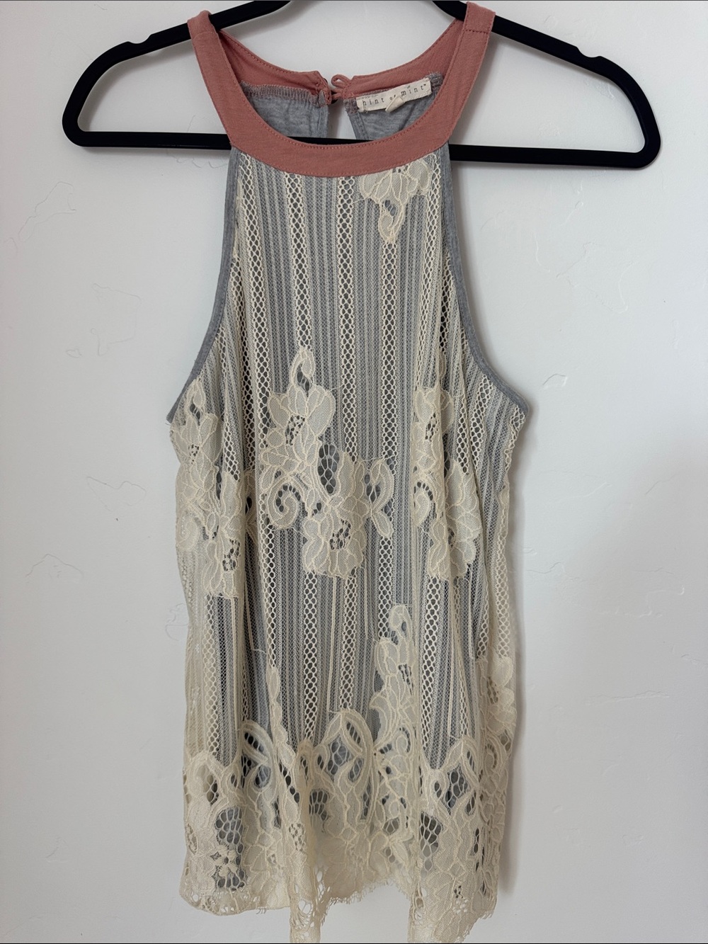 Hint of Mint Gray & Cream Lace Overlay High Neck Tank Top Boho Romantic Blouse S